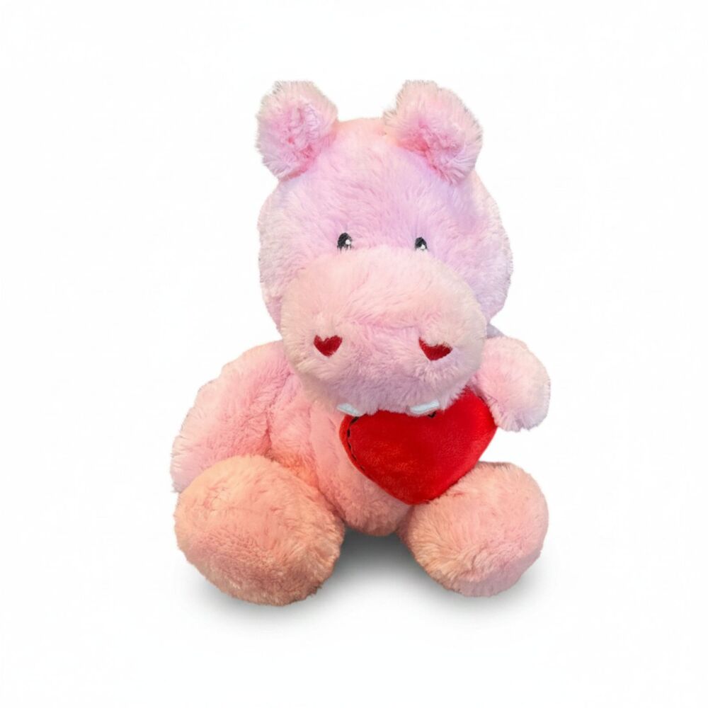 Pink Plush Hippo Stuffed Animal Holding Red Heart 14" Soft Teddy Toy